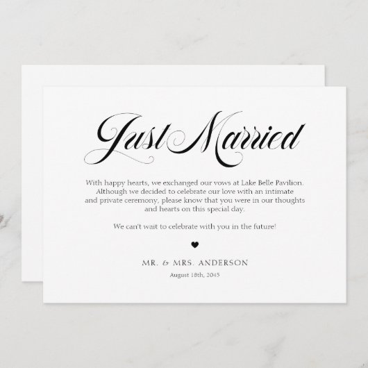 Black Elegant Bold Calligraphy Just Married Ankündigung (Vorne/Hinten)