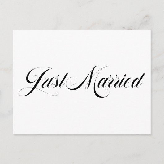 Black Elegant Bold Calligraphy Just Married Ankündigungspostkarte (Vorderseite)