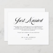 Black Elegant Bold Calligraphy Just Married Card (Vorne/Hinten)