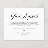 Black Elegant Bold Calligraphy Just Married Card (Vorderseite)