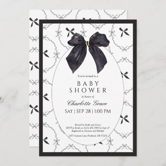 Black Elegant Bow Baby Shower Einladung (Vorne/Hinten)