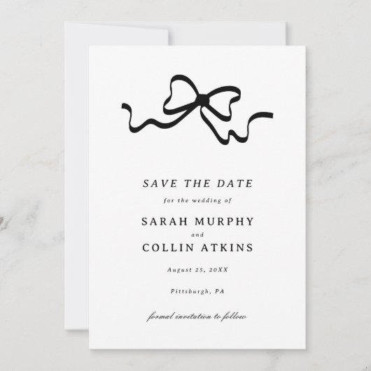 Black Elegant Bow Save the Date Einladung (Vorderseite)