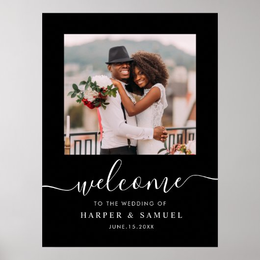Black Elegant Calligrafy Foto Hochzeit Willkommen Poster (Vorne)