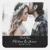 Black Elegant Calligraphy Foto Wedding Vielen Dank Quadratischer Aufkleber (Vorderseite)