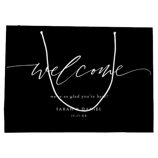 Black Elegant Calligraphy Wedding Welcome Gift Bag Große Geschenktüte (Rückseite)