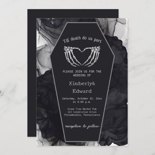 Black Elegant Coffin Gothic Halloween Hochzeit Einladung (Vorne/Hinten)