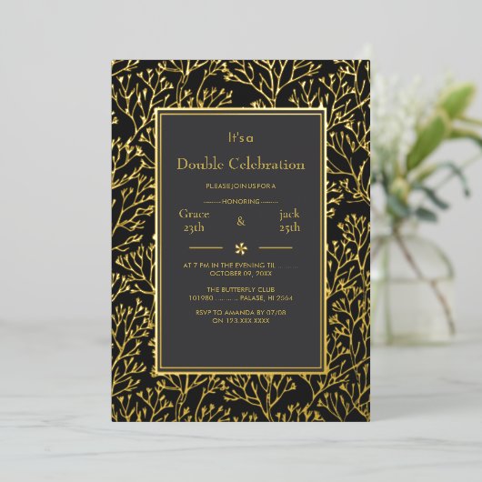 Black Elegant Double Celebration Birthday Folieneinladung (Stehend vorne)
