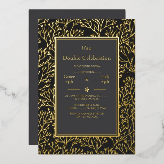 Black Elegant Double Celebration Birthday Folieneinladung (Vorderseite/Rückseite)