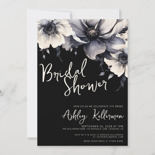 Black Elegant Floral Brautparty Einladung (Vorderseite)