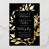 Black Elegant Floral Pressed Gold Hochzeit Folieneinladung (Vorderseite)