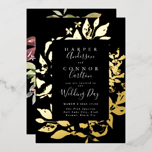 Black Elegant Floral Pressed Gold Hochzeit Folieneinladung (Vorderseite/Rückseite)