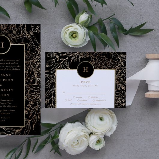 Black Elegant Gold Monogram Wreath Wedding RSVP Karte