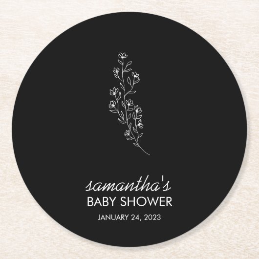 Black Elegant Handdrawn Sketch Flower Runder Pappuntersetzer (Vorderseite)