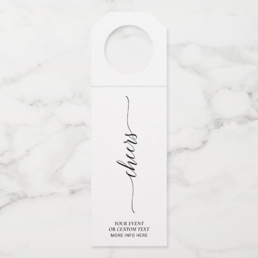 Black Elegant Minimal Script Cheers Party Flaschenanhänger (Vorderseite)