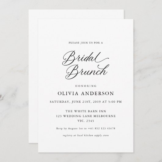 Black Elegant Modern Script Bridal Brunch Einladung (Vorne/Hinten)