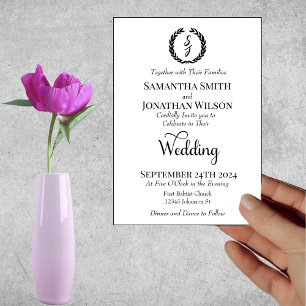 Black Elegant Monogram Wreath White Wedding Einladung