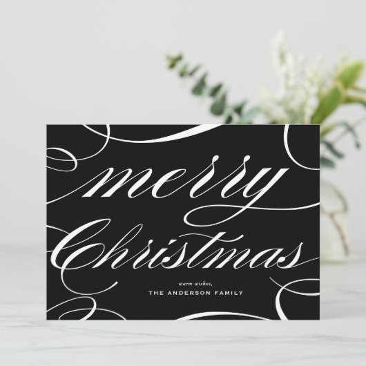 Black Elegant Script Blühe Frohe Weihnachten (Stehend Vorderseite)