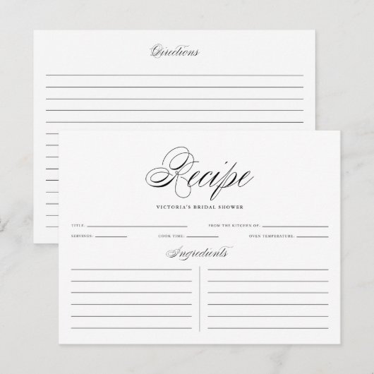 Black Elegant Script Brautparty Rezept Card Postkarte (Vorne/Hinten)