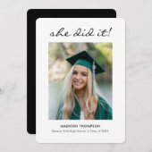 Black Elegant Script Calligraphy Abschluss Foto Ankündigung (Vorne/Hinten)