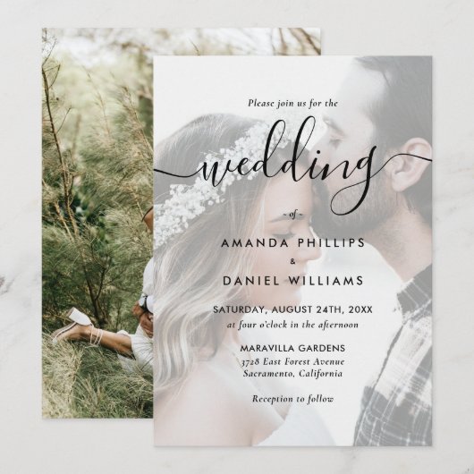 Black Elegant Script Foto Wedding Einladung (Vorne/Hinten)