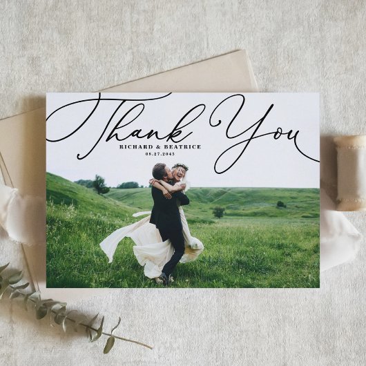 Black Elegant Script Foto Wedding Vielen Dank Postkarte