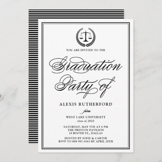 Black Elegant Script Law School Graduation Party Einladung (Vorne/Hinten)