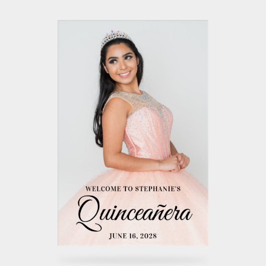 Black Elegant Script Quinceañera Foto Acrylschild (Vorderseite)