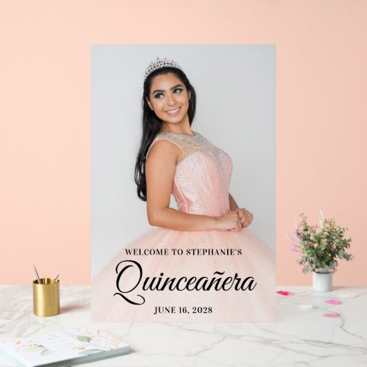Black Elegant Script Quinceañera Foto Acrylschild (Hochzeit)