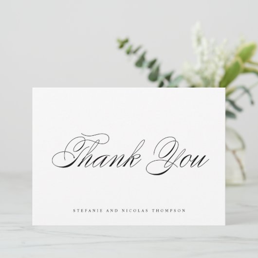 Black Elegant Script Wedding Dankeskarte (Stehend Vorderseite)
