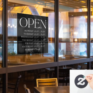 Black Elegant Serif Open Sign Store Stunden Fensteraufkleber