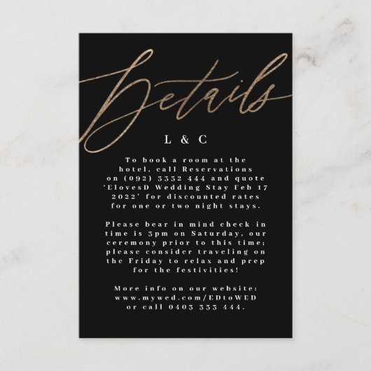 Black Elegant Simple Gold Wedding Details Card RSVP Karte (Vorderseite)