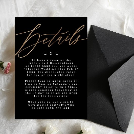 Black Elegant Simple Gold Wedding Details Card RSVP Karte