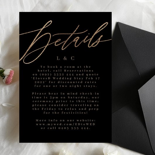 Black Elegant Simple Gold Wedding Details Card RSVP Karte
