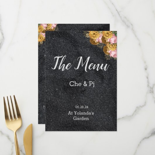Black Elegant Wedding Table Menu Card Menükarte (Vorderseite/Rückseite Beispiel)
