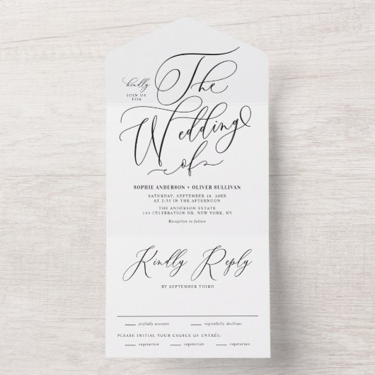 Black Elegant Whimsical Calligraphy Wedding All In One Einladung (Innen Boden)
