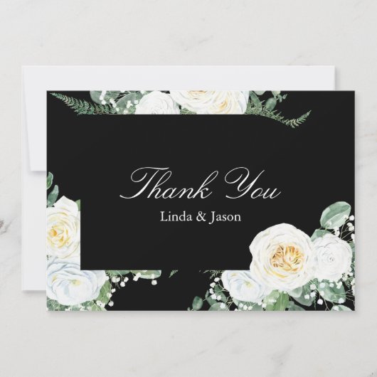 Black Elegant White Roses Wedding Dankeschön Karte (Vorderseite)