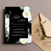 Black Elegant White Roses Wedding RSVP Card Einladung