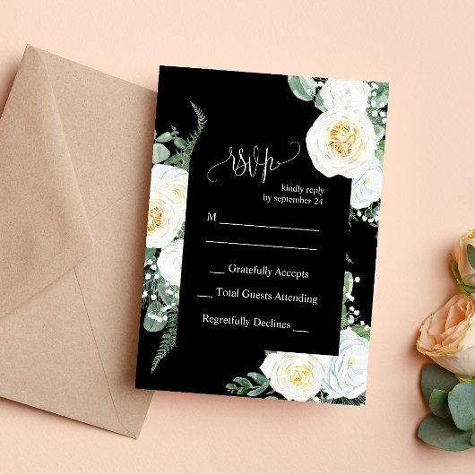 Black Elegant White Roses Wedding RSVP Card Einladung