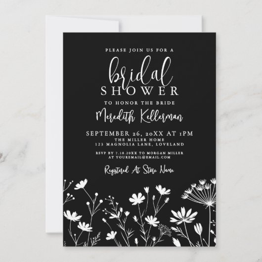 Black Elegant Wildflower Bridal Shower Einladung (Vorderseite)