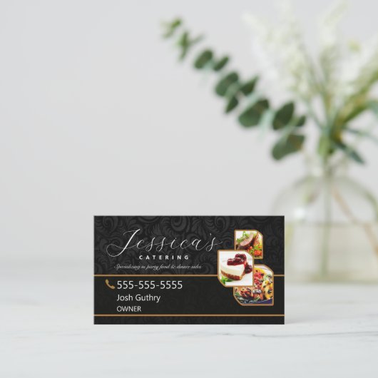 Black Elegante Catering Business Card Visitenkarte (Stehend Vorderseite)