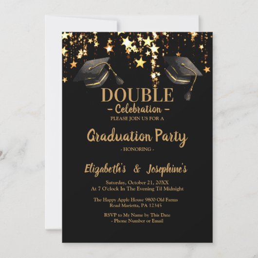 Black elegante Double Celebration Graduation Party Einladung (Vorderseite)
