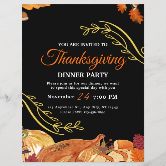 Black Elegante Erntedank Dinner Party Printable Flyer (Vorne)
