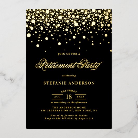 Black Elegante Foil Confetti Pension Party Folieneinladung (Vorderseite)