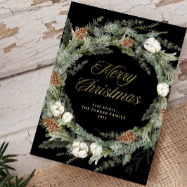 Black Elegante Pine Wreath | Gold Frohe Weihnachte Feiertagskarte