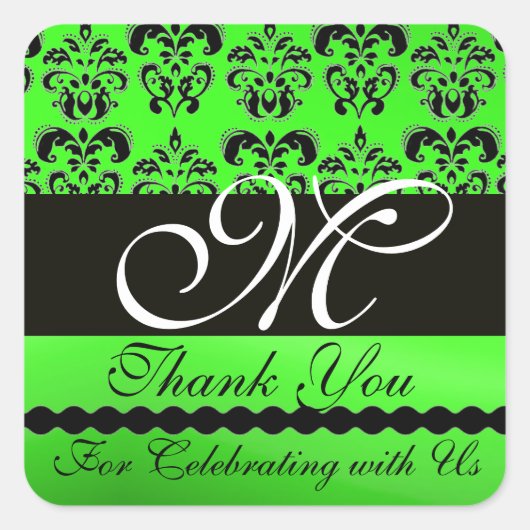 BLACK EMERALD GREEN DAMASK MONOGRAMM Vielen Dank Quadratischer Aufkleber (Vorderseite)