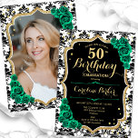 Black Emerald Green Foto 50. Geburtstag Einladung<br><div class="desc">Elegante florale feminine 50. Geburtstagseinladung mit Ihrem Foto auf der Kartenrückseite. Glam smaragdgrünes Design mit Imitaten Glitzer Gold. Enthält schwarz-weiße Damasketmuster, grüne Rose, Skript-Schriftart und Konfetti. Ideal für ein stilvolles Party für Erwachsene. Personalisieren Sie Ihre persönlichen Daten. Kann für jedes Alter angepasst werden! Gedruckte Zazzle Einladungen oder Sofortdownload digitalen druckbaren...</div>