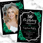 Black Emerald Green Foto 50. Geburtstag Einladung<br><div class="desc">Elegante Einladung zum 50. Geburtstag mit Ihrem Foto auf der Kartenrückseite. Glam schwarz und smaragdgrün Design mit Imitaten Glitzer Silber. Enthält grüne Rose, Skript-Schriftart und Konfetti. Ideal für ein stilvolles Party für Erwachsene. Personalisieren Sie Ihre persönlichen Daten. Kann für jedes Alter angepasst werden! Gedruckte Zazzle Einladungen oder Sofortdownload digitalen druckbaren...</div>