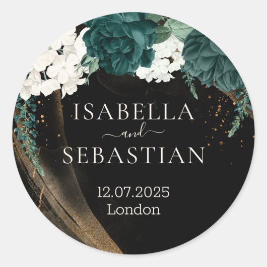 Black Emerald Green Rose Floral Wedding Runder Aufkleber (Vorderseite)