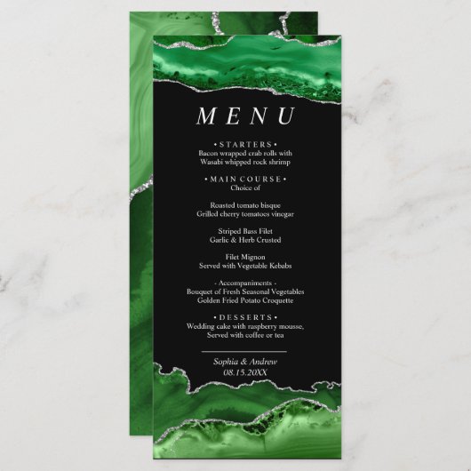 Black & Emerald Greenerity Wedding Menu Menükarte (Vorne/Hinten)