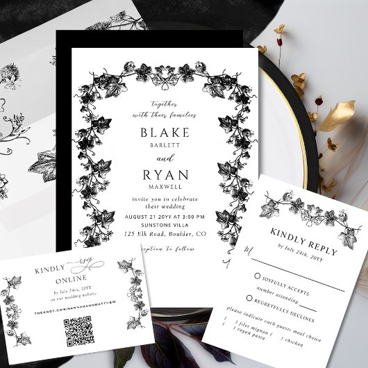 Black Enchanting Garland Chic Wedding Einladung